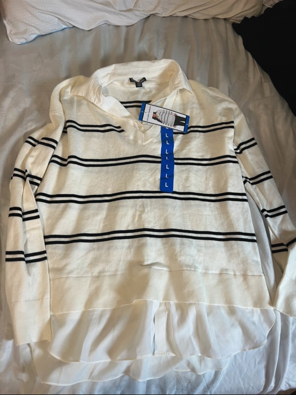 Hilary Radley Womens V-Neck Layered Sweater with Black Stripes